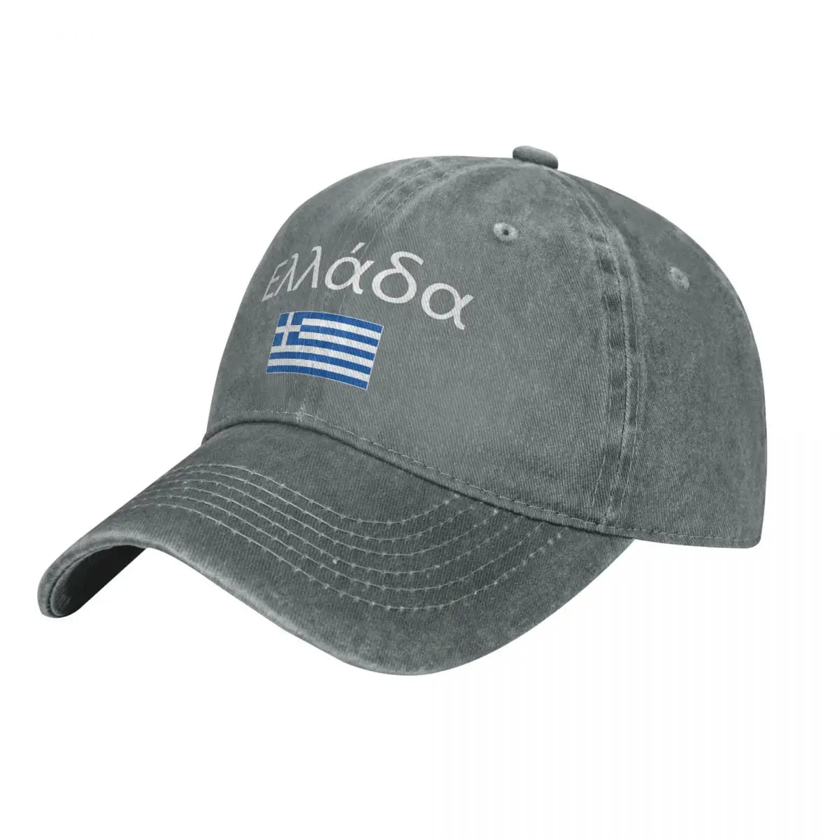 Men Baseball Cap Greece Flag And Font Charcoal Washed Denim Classic Vintage Cotton Dad Trucker Hat Unisex Adult