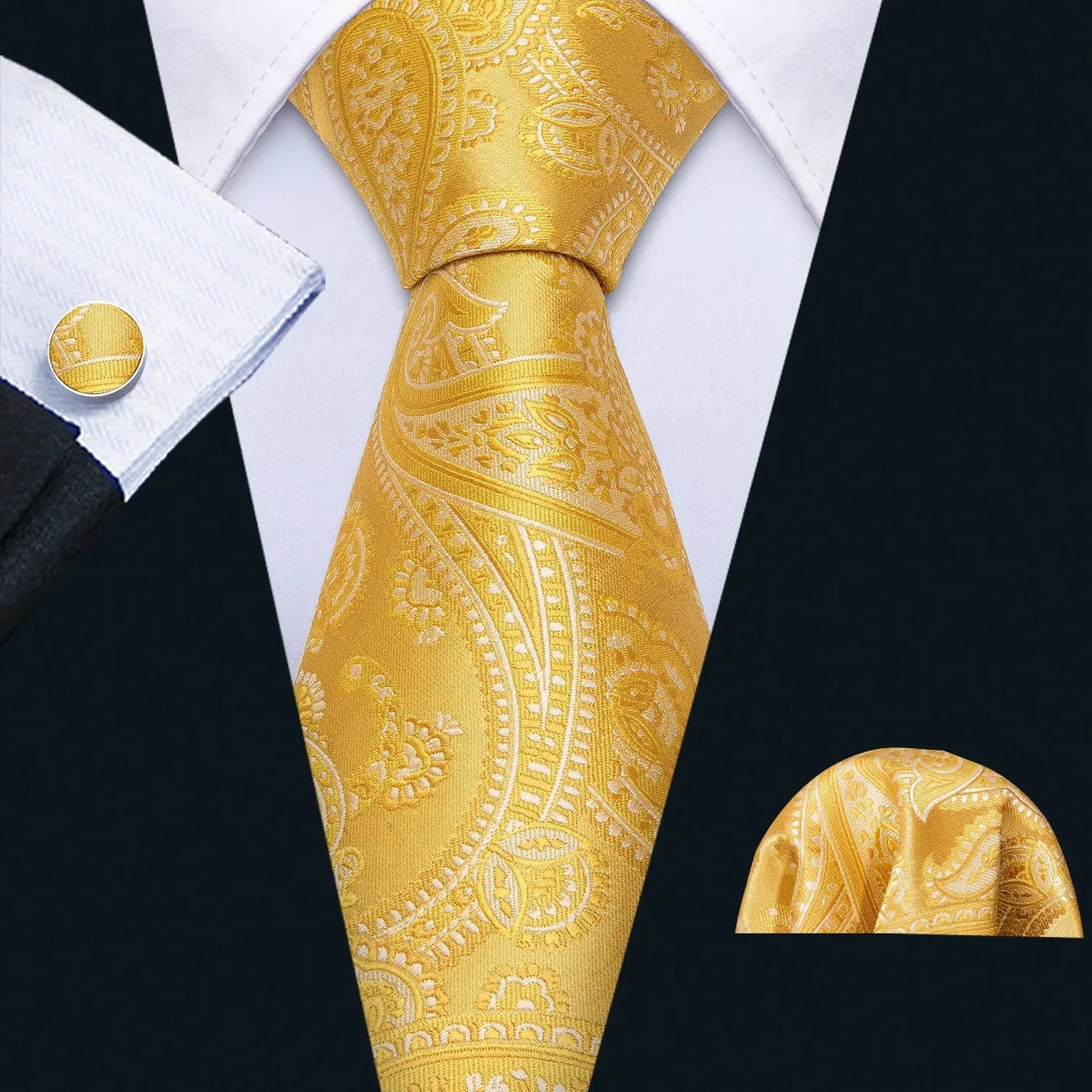 Gold Leaves Floral Silk Tie Set — 3 Pcs - My Wear Clothing Co