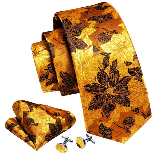 Gold Leaves Floral Silk Tie Set — 3 Pcs - My Wear Clothing Co