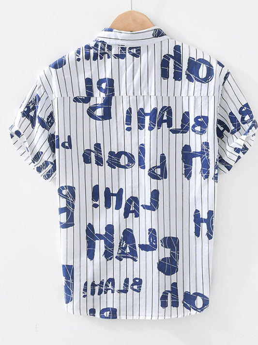 Men's Plus Size Letter Print Striped Short Sleeve Casual Shirt - My Wear Clothing Co