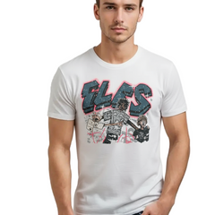 Man wearing a white t-shirt with graphic design and text on a plain background