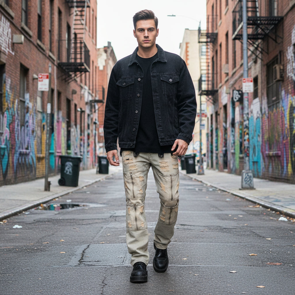 Men's Yellow Mud Distressed Loose Fit Jeans