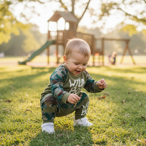 Children's green and camouflage outfit with 'Wild Boy' text on a wooden surface.