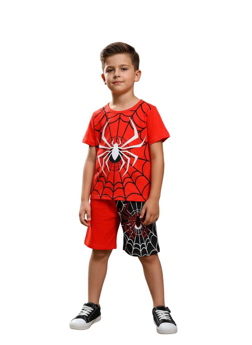 Child wearing a Spider-Man t-shirt and shorts in front of a graffiti-covered wall.