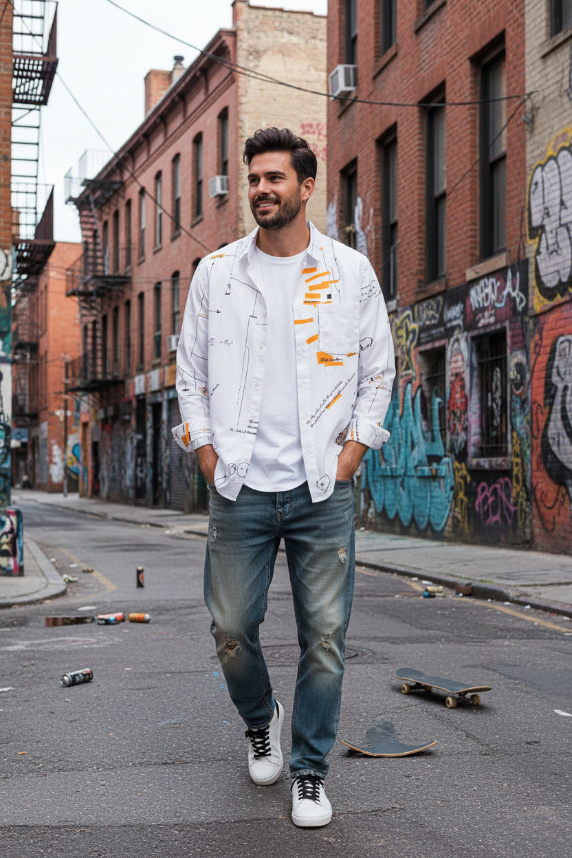 White shirt with orange and black designs on a hanger against a white background