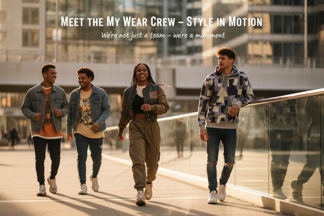 A dynamic, urban‑inspired banner featuring four crew members (3 males, 1 female) styled in streetwear. The composition should feel like a movement—energetic, inclusive, and aspirational.
Layout:
- Headline: Meet the My Wear Crew – Style in Motion (bold, modern typography)
- Subline: We’re not just a team - we’re a movement.