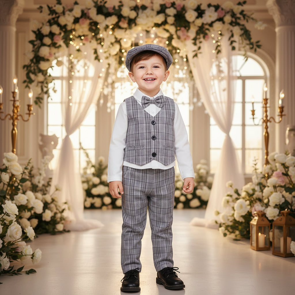 Children's formal outfit with vest, shirt, pants, shoes, and hat on a beige background
