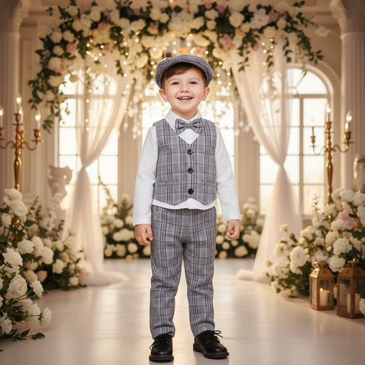 Children's formal outfit with vest, shirt, pants, shoes, and hat on a beige background