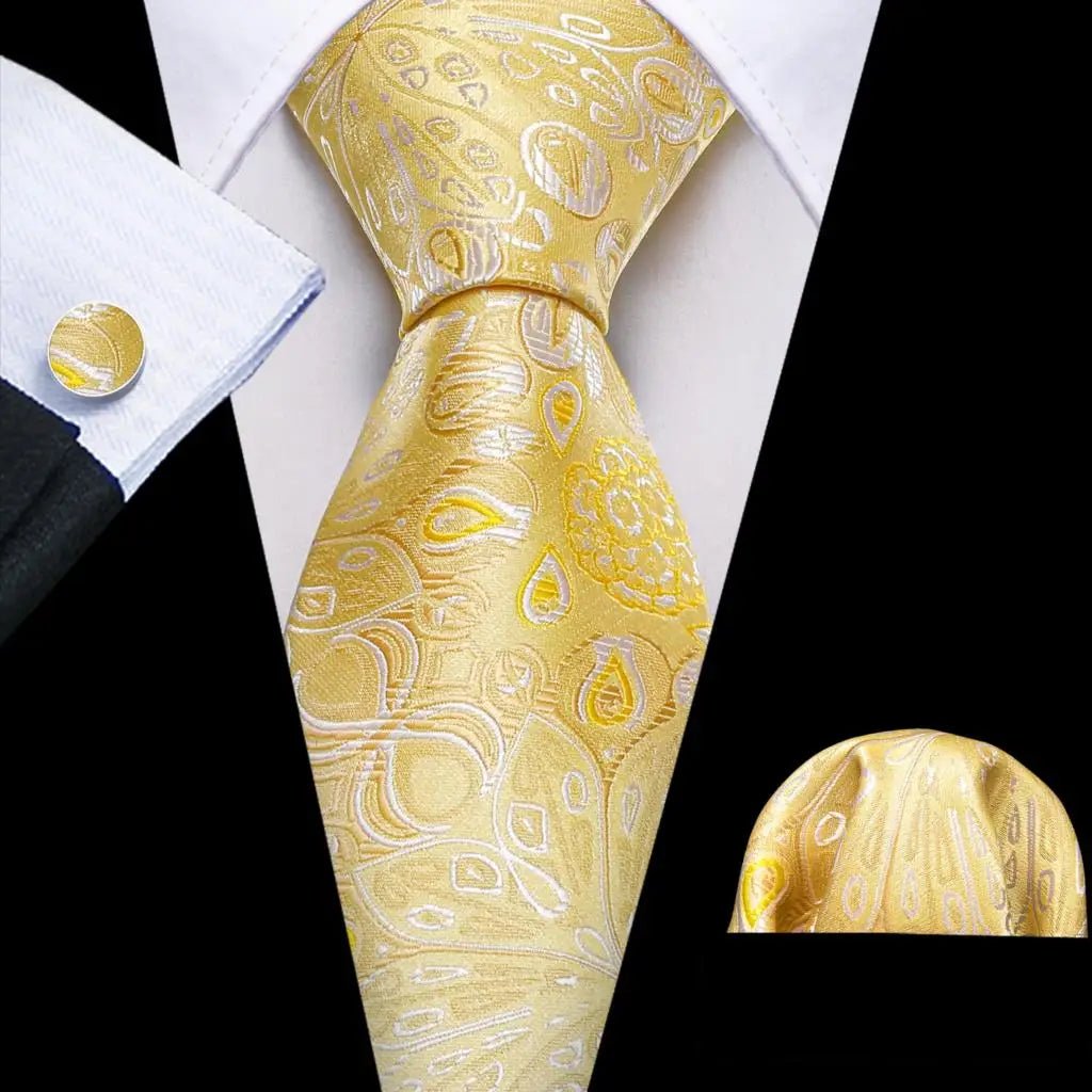 Gold Leaves Floral Silk Tie Set — 3 Pcs - My Wear Clothing Co