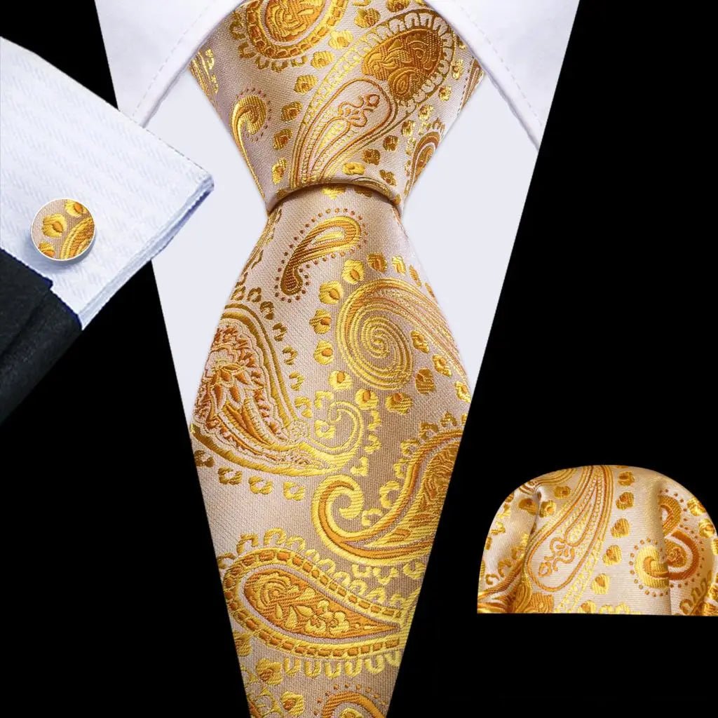 Gold Leaves Floral Silk Tie Set — 3 Pcs - My Wear Clothing Co