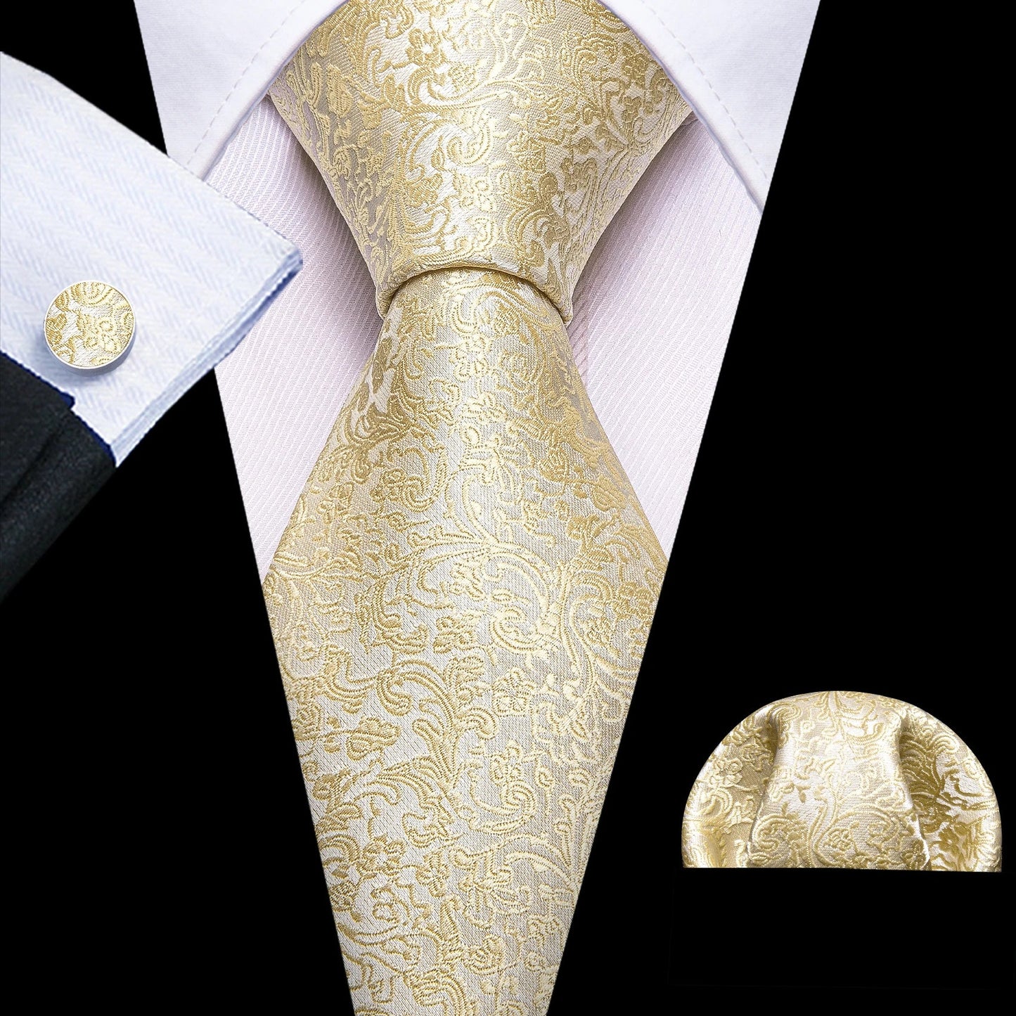 Gold Leaves Floral Silk Tie Set — 3 Pcs - My Wear Clothing Co