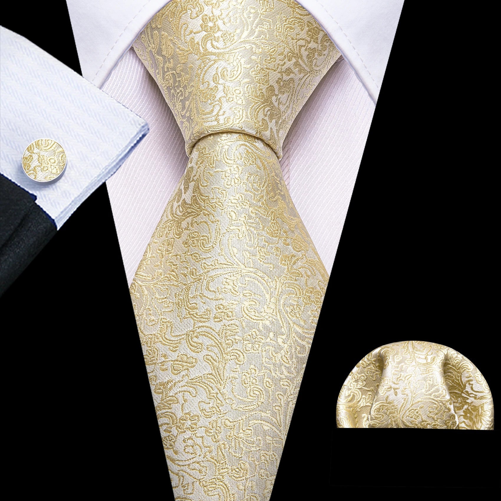 Gold Leaves Floral Silk Tie Set — 3 Pcs - My Wear Clothing Co