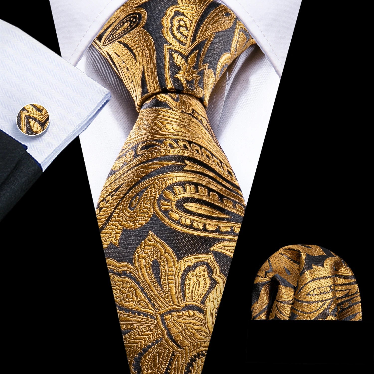 Gold Leaves Floral Silk Tie Set — 3 Pcs - My Wear Clothing Co