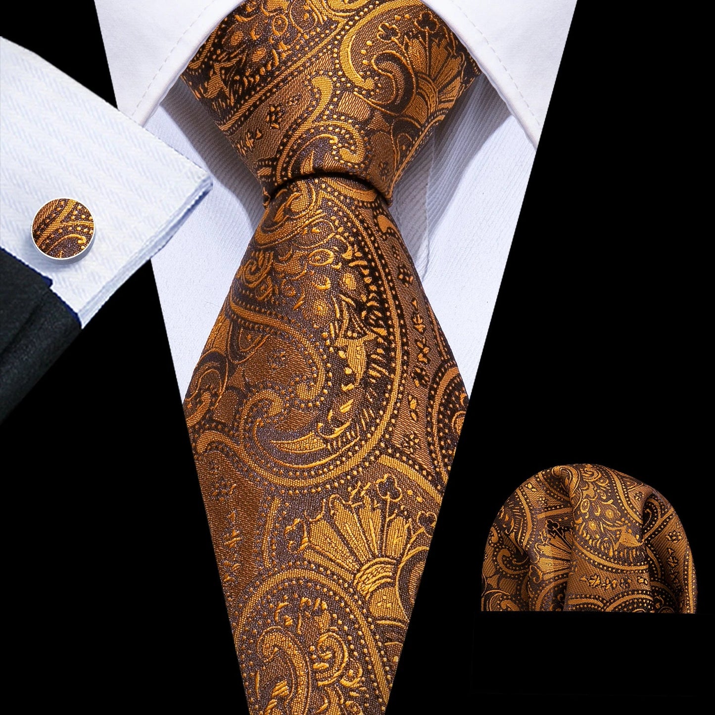 Gold Leaves Floral Silk Tie Set — 3 Pcs - My Wear Clothing Co