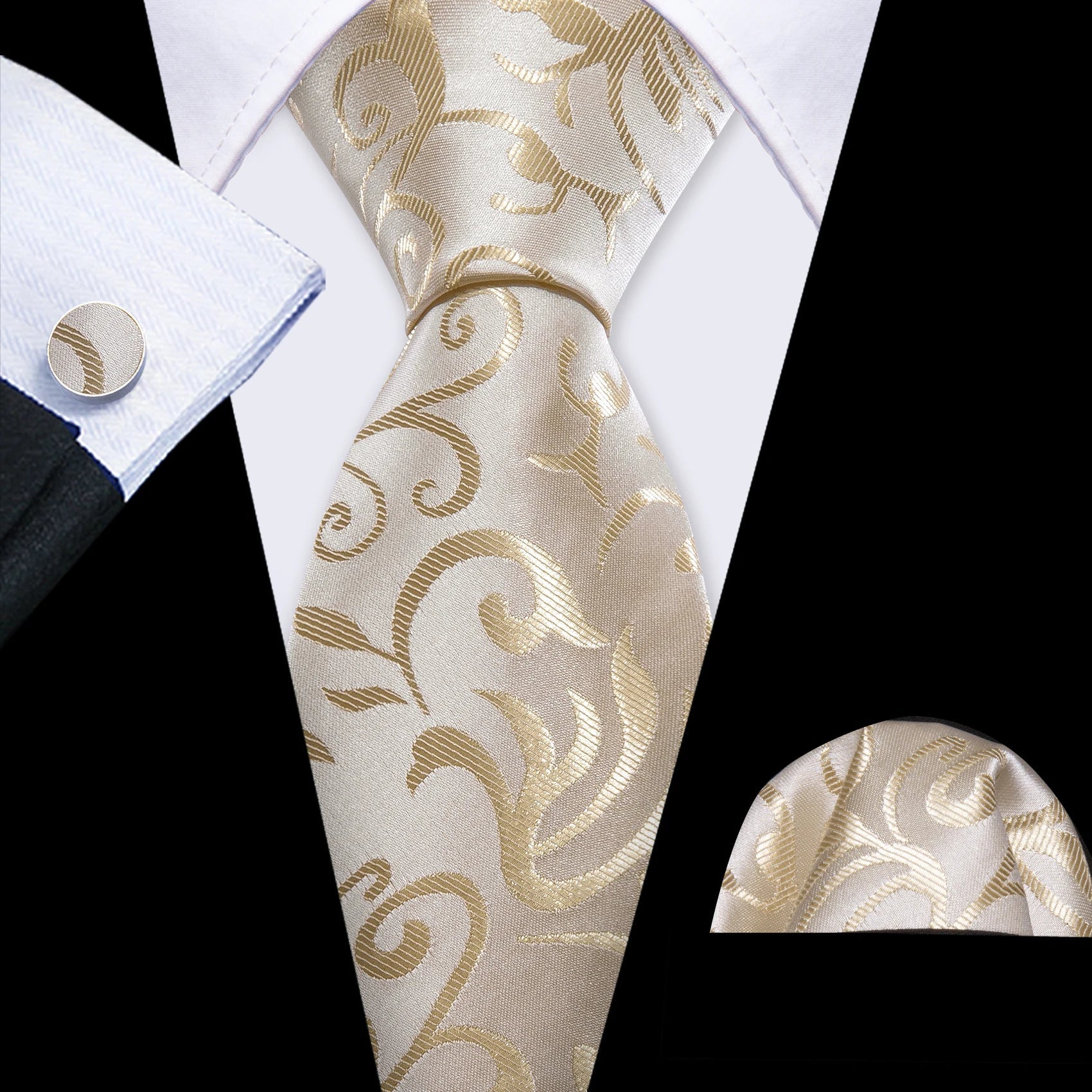 Gold Leaves Floral Silk Tie Set — 3 Pcs - My Wear Clothing Co