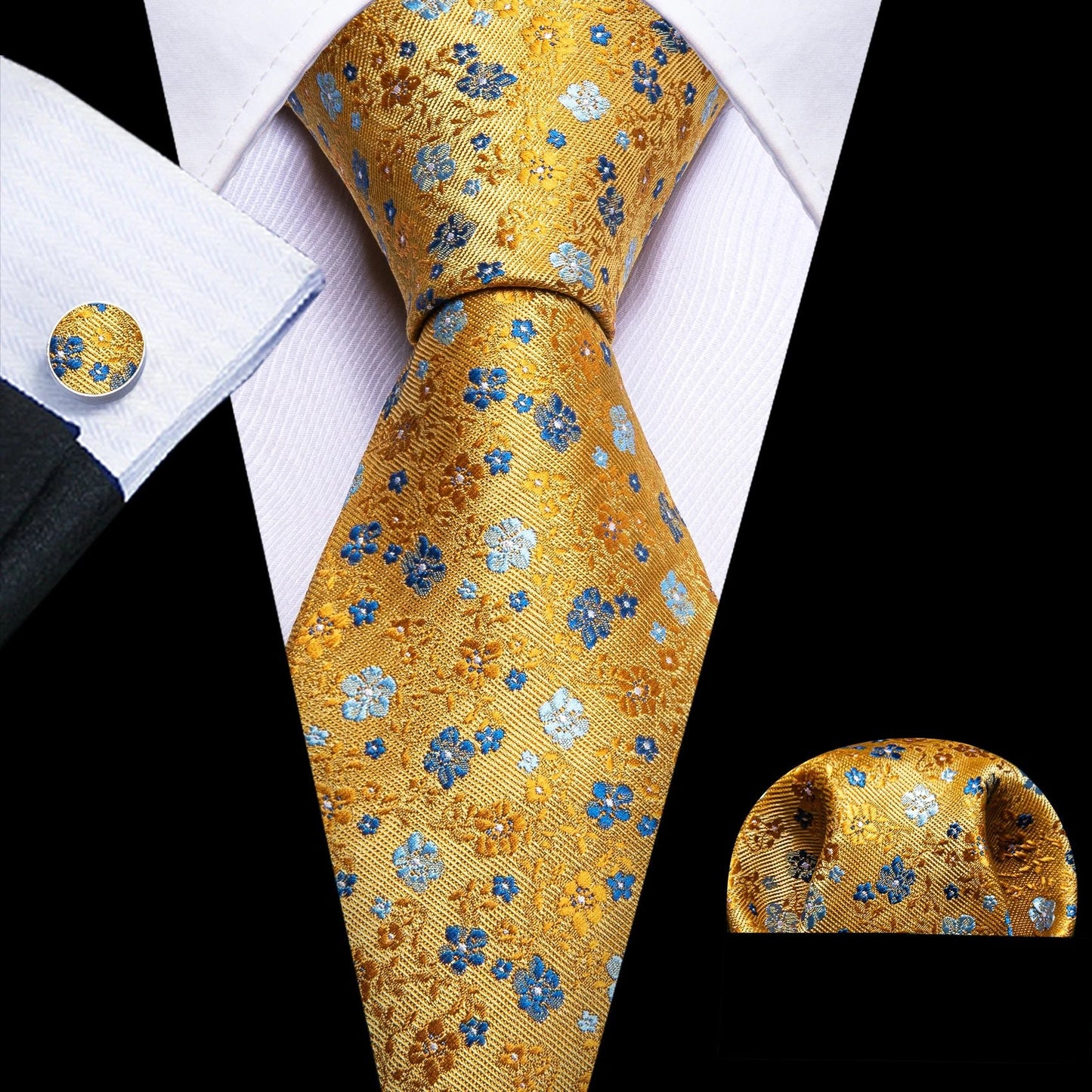 Gold Leaves Floral Silk Tie Set — 3 Pcs - My Wear Clothing Co