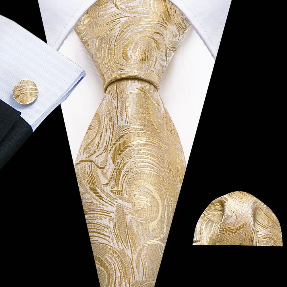 Gold Leaves Floral Silk Tie Set — 3 Pcs - My Wear Clothing Co