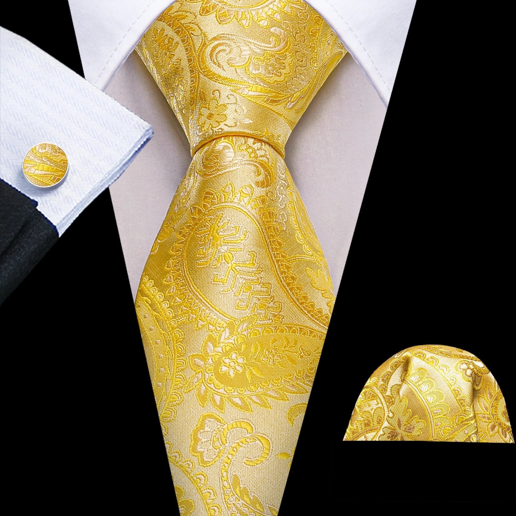 Gold Leaves Floral Silk Tie Set — 3 Pcs - My Wear Clothing Co