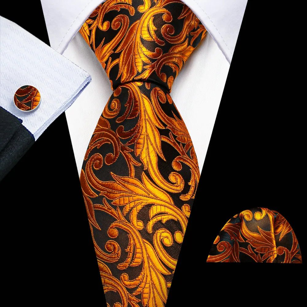 Gold Leaves Floral Silk Tie Set — 3 Pcs - My Wear Clothing Co
