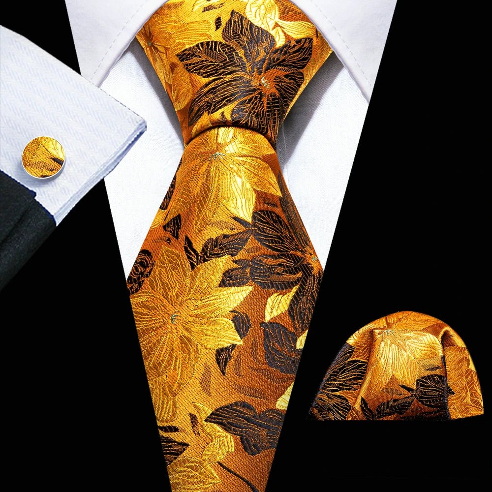 Gold Leaves Floral Silk Tie Set — 3 Pcs - My Wear Clothing Co