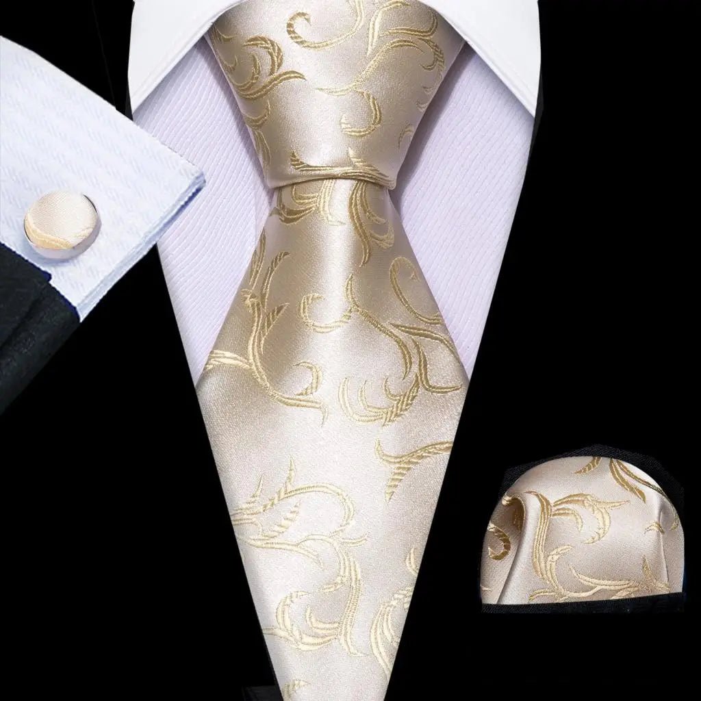 Gold Leaves Floral Silk Tie Set — 3 Pcs - My Wear Clothing Co