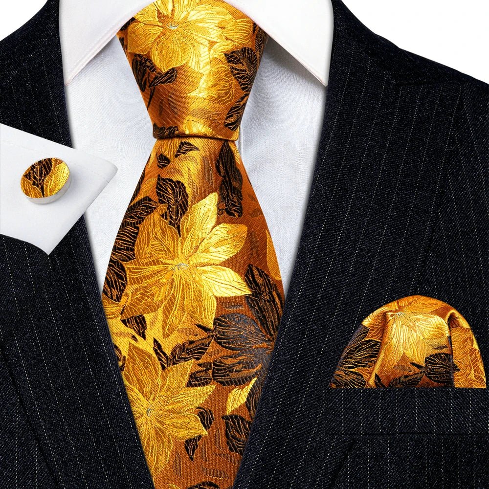 Gold Leaves Floral Silk Tie Set — 3 Pcs - My Wear Clothing Co