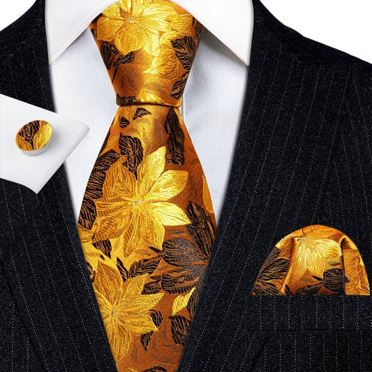 Gold Leaves Floral Silk Tie Set — 3 Pcs - My Wear Clothing Co
