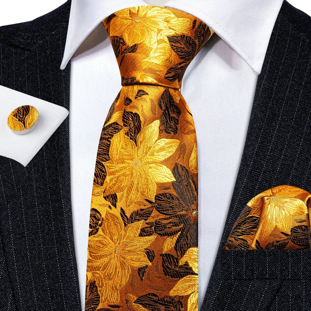 Gold Leaves Floral Silk Tie Set — 3 Pcs - My Wear Clothing Co