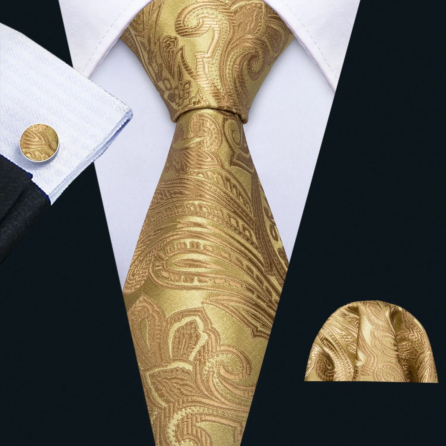 Gold Leaves Floral Silk Tie Set — 3 Pcs - My Wear Clothing Co