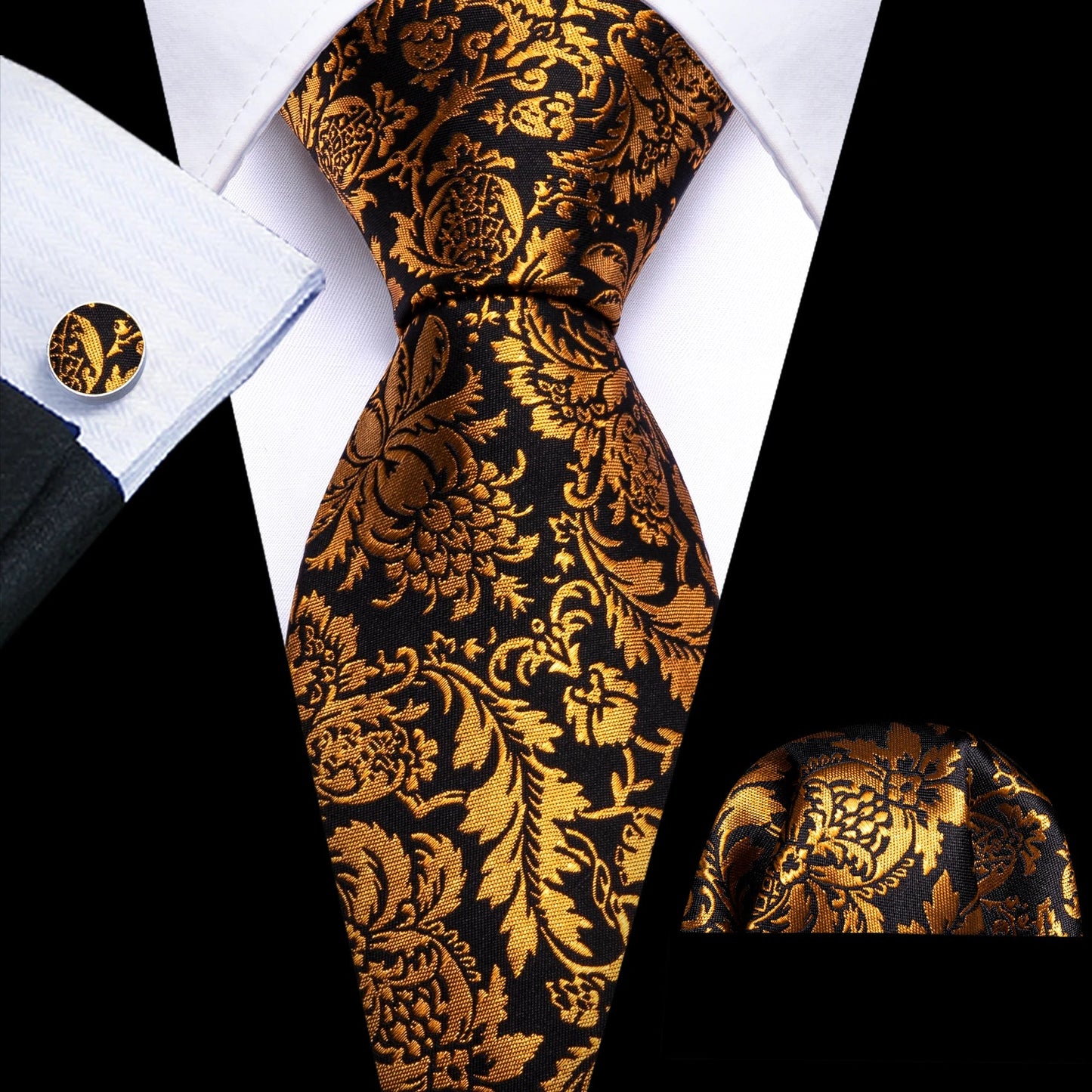 Gold Leaves Floral Silk Tie Set — 3 Pcs - My Wear Clothing Co