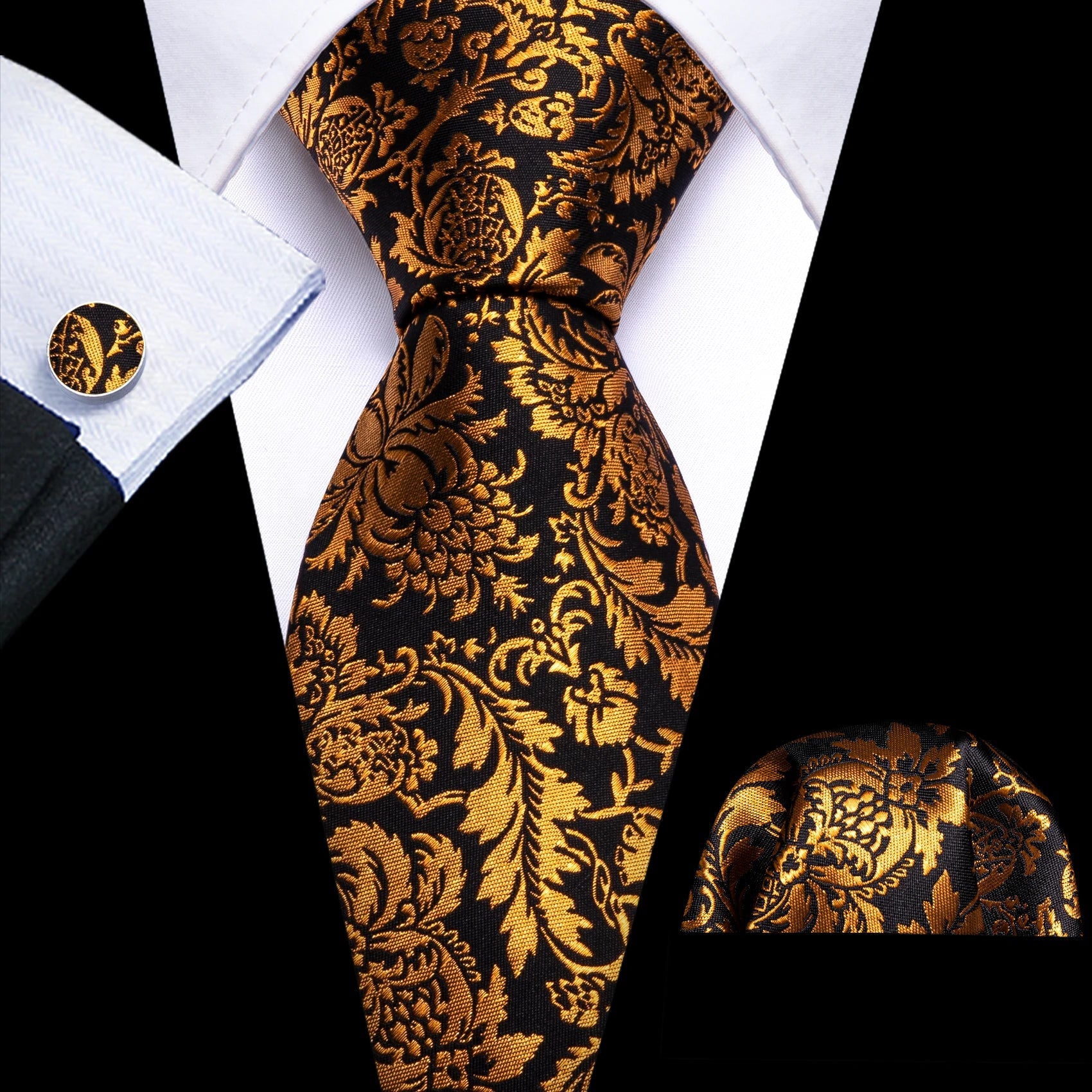 Gold Leaves Floral Silk Tie Set — 3 Pcs - My Wear Clothing Co