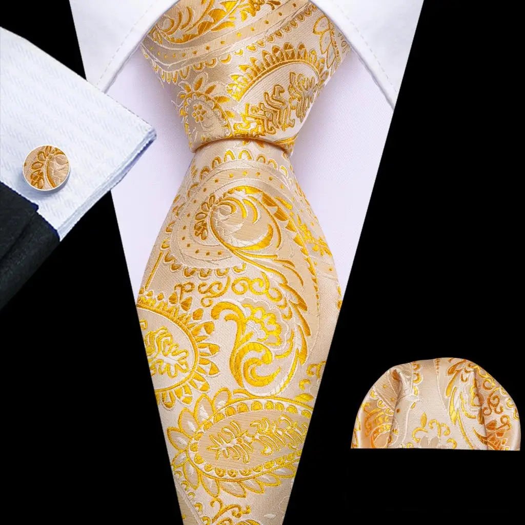 Gold Leaves Floral Silk Tie Set — 3 Pcs - My Wear Clothing Co