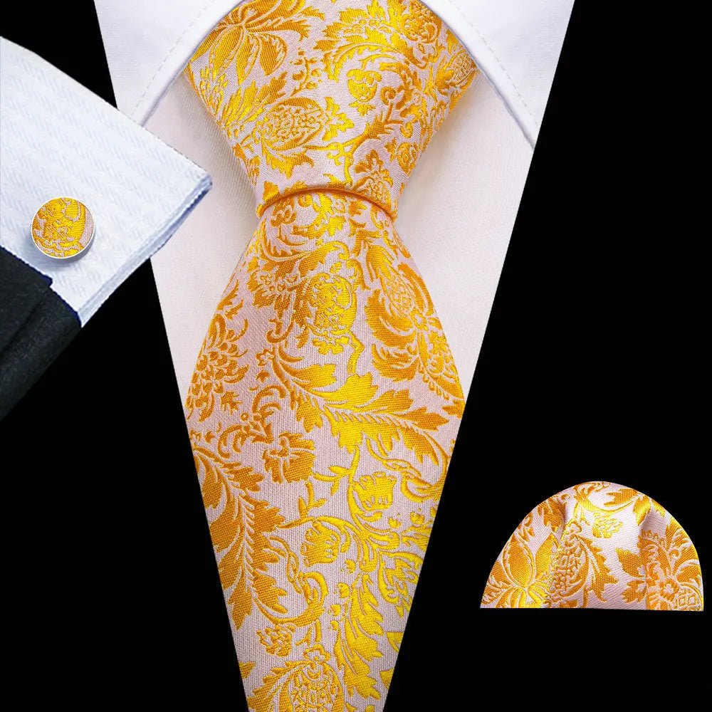 Gold Leaves Floral Silk Tie Set — 3 Pcs - My Wear Clothing Co
