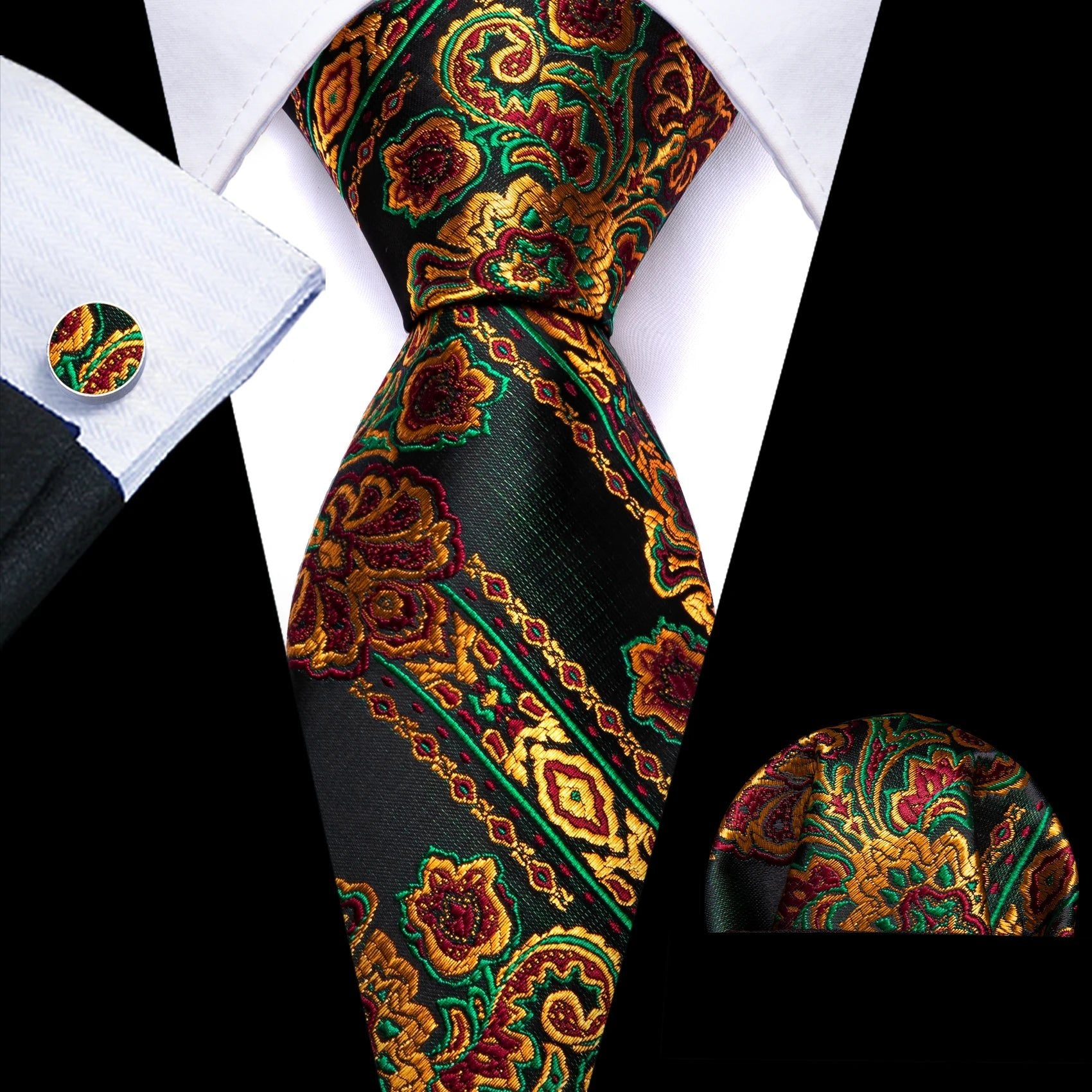 Gold Leaves Floral Silk Tie Set — 3 Pcs - My Wear Clothing Co