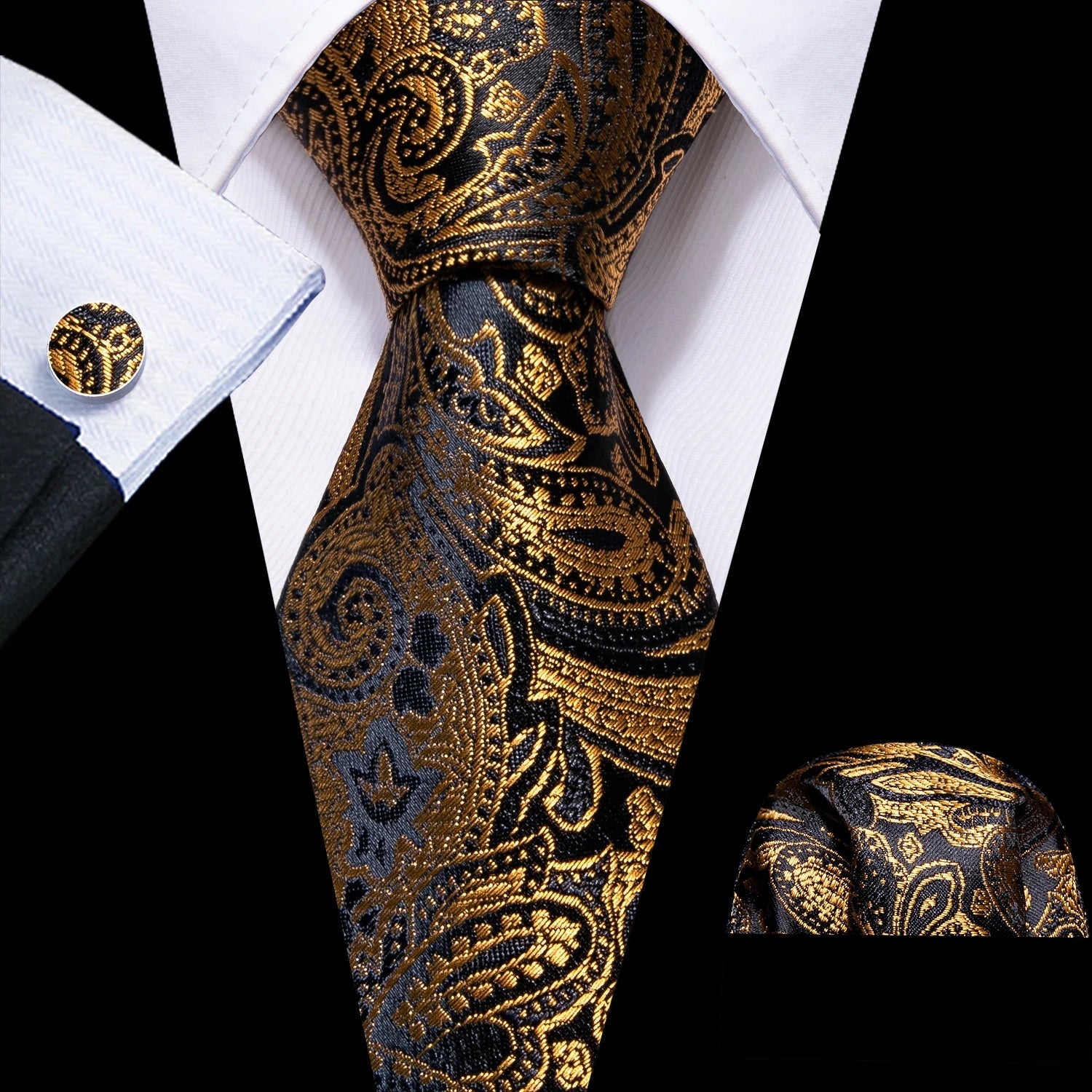 Gold Leaves Floral Silk Tie Set — 3 Pcs - My Wear Clothing Co