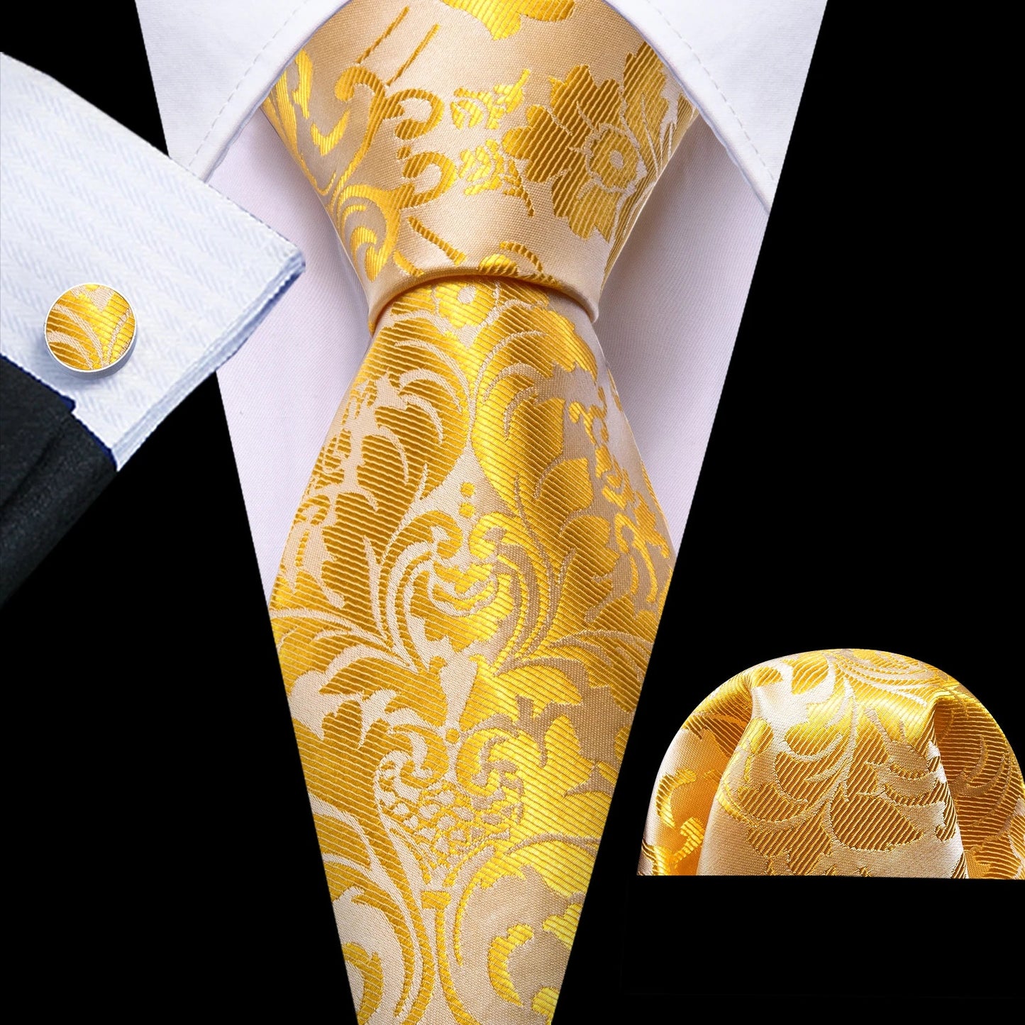 Gold Leaves Floral Silk Tie Set — 3 Pcs - My Wear Clothing Co