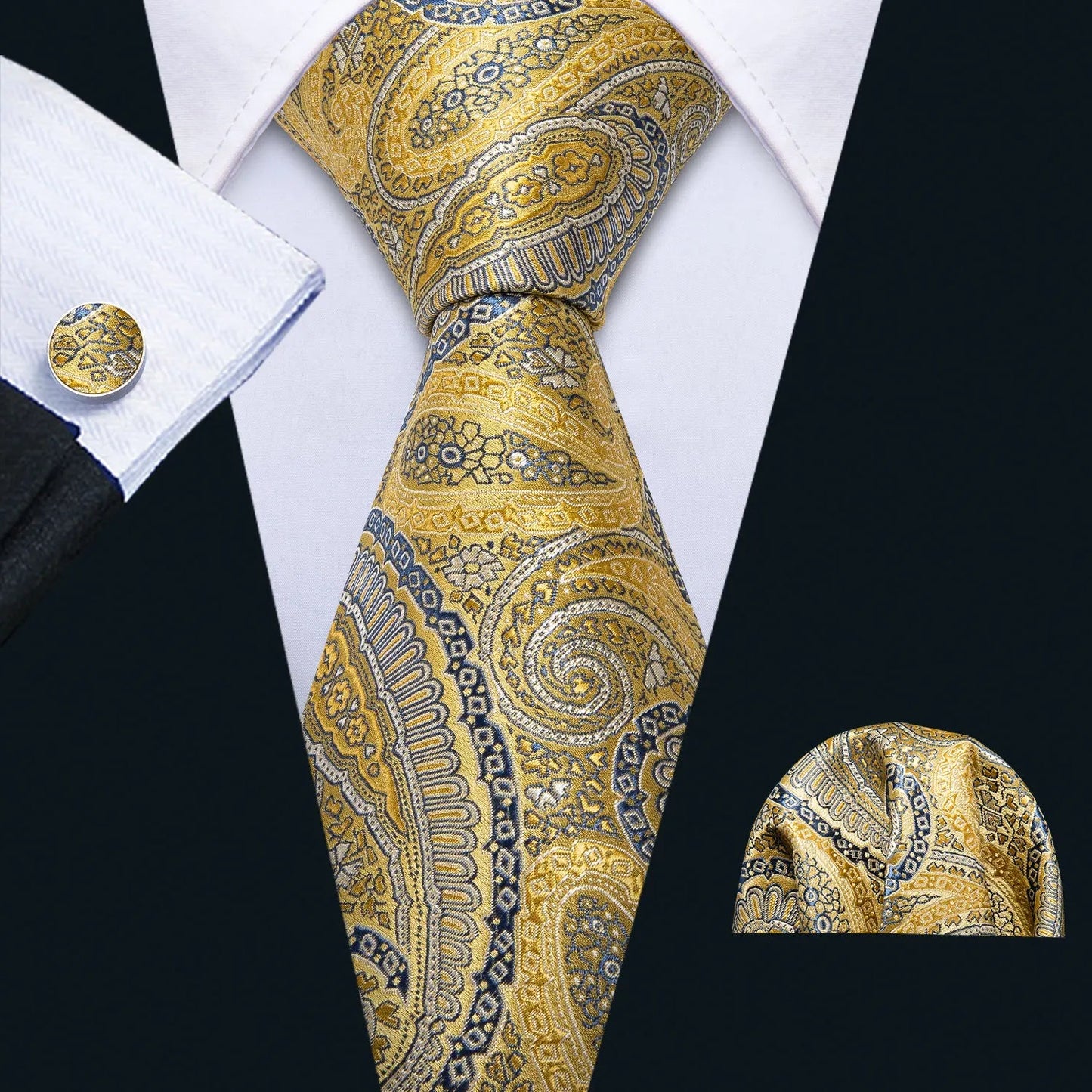 Gold Leaves Floral Silk Tie Set — 3 Pcs - My Wear Clothing Co
