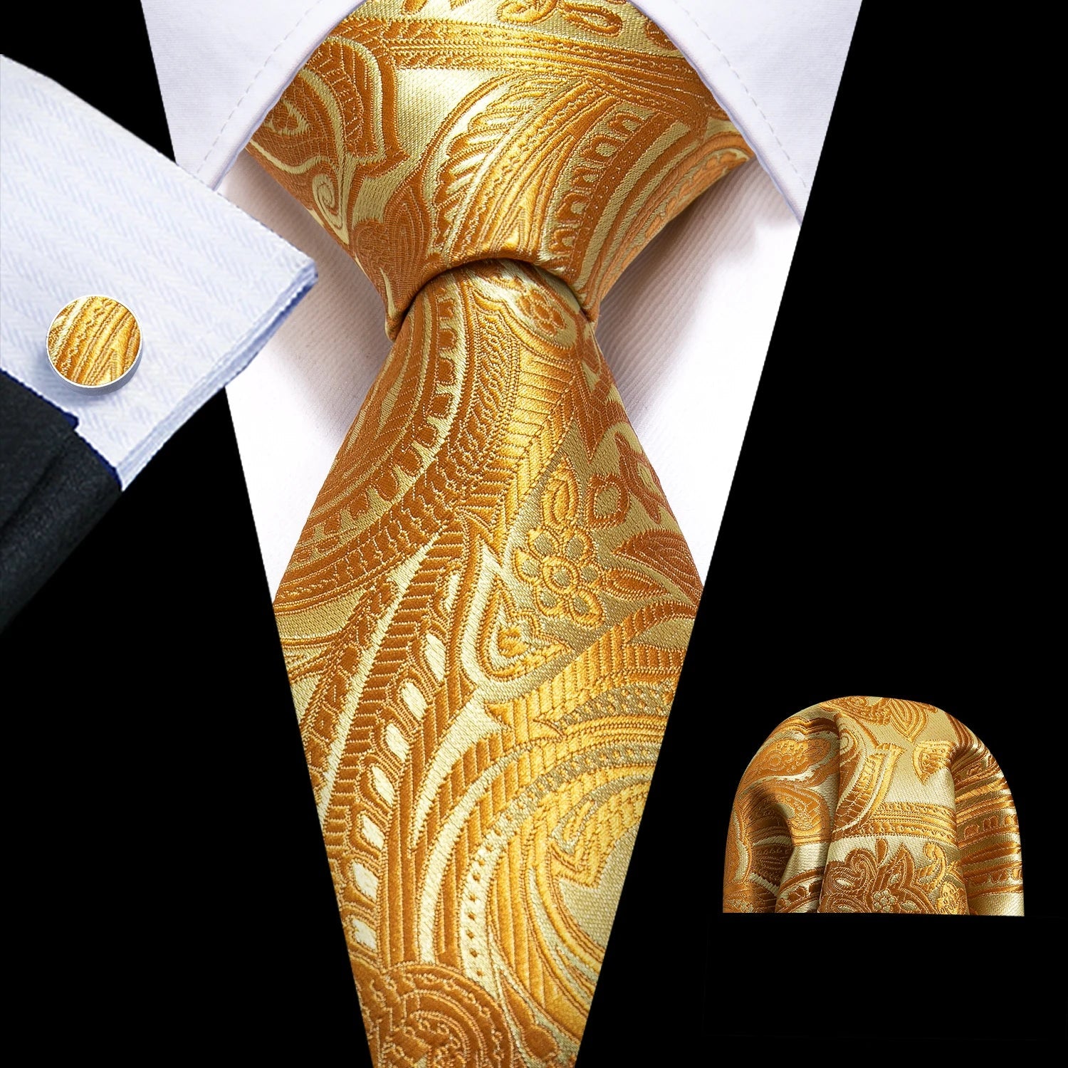 Gold Leaves Floral Silk Tie Set — 3 Pcs - My Wear Clothing Co
