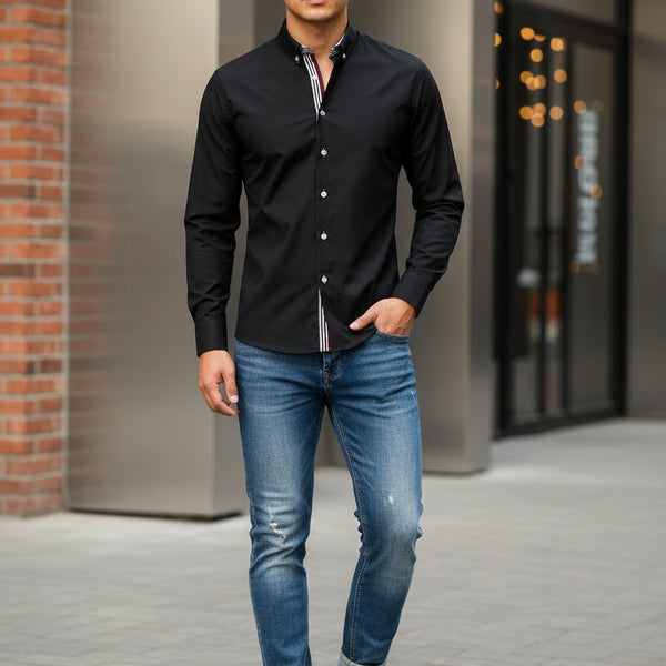 Men’s Button‑Down Shirt with Striped Detail  Basic Style  Slight Stretch  100% Cotton  Black  S–2XL