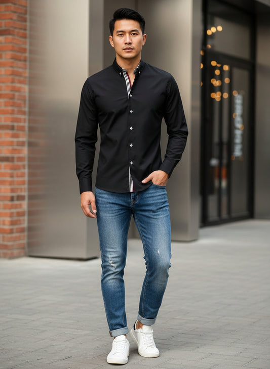 Men’s Button‑Down Shirt with Striped Detail  Basic Style  Slight Stretch  100% Cotton  Black  S–2XL