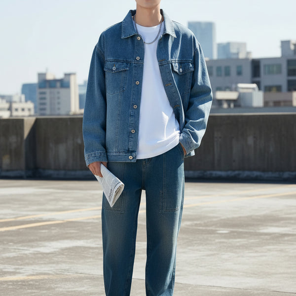 Men’s Oversized Denim Jacket – Washed Streetwear Classic with Pockets