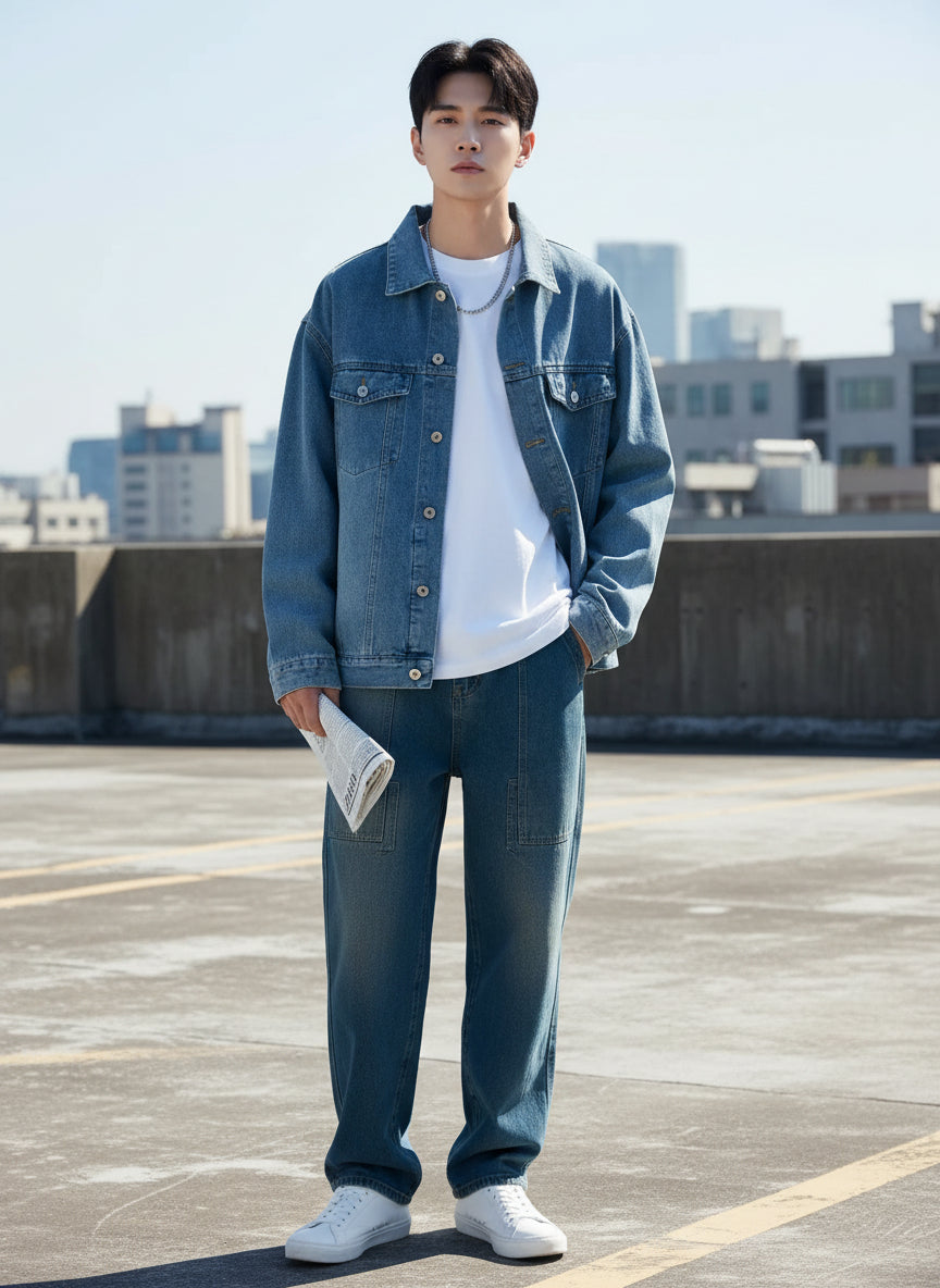 Men’s Oversized Denim Jacket – Washed Streetwear Classic with Pockets