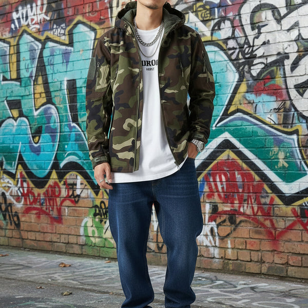 Camouflage jacket on a beige background