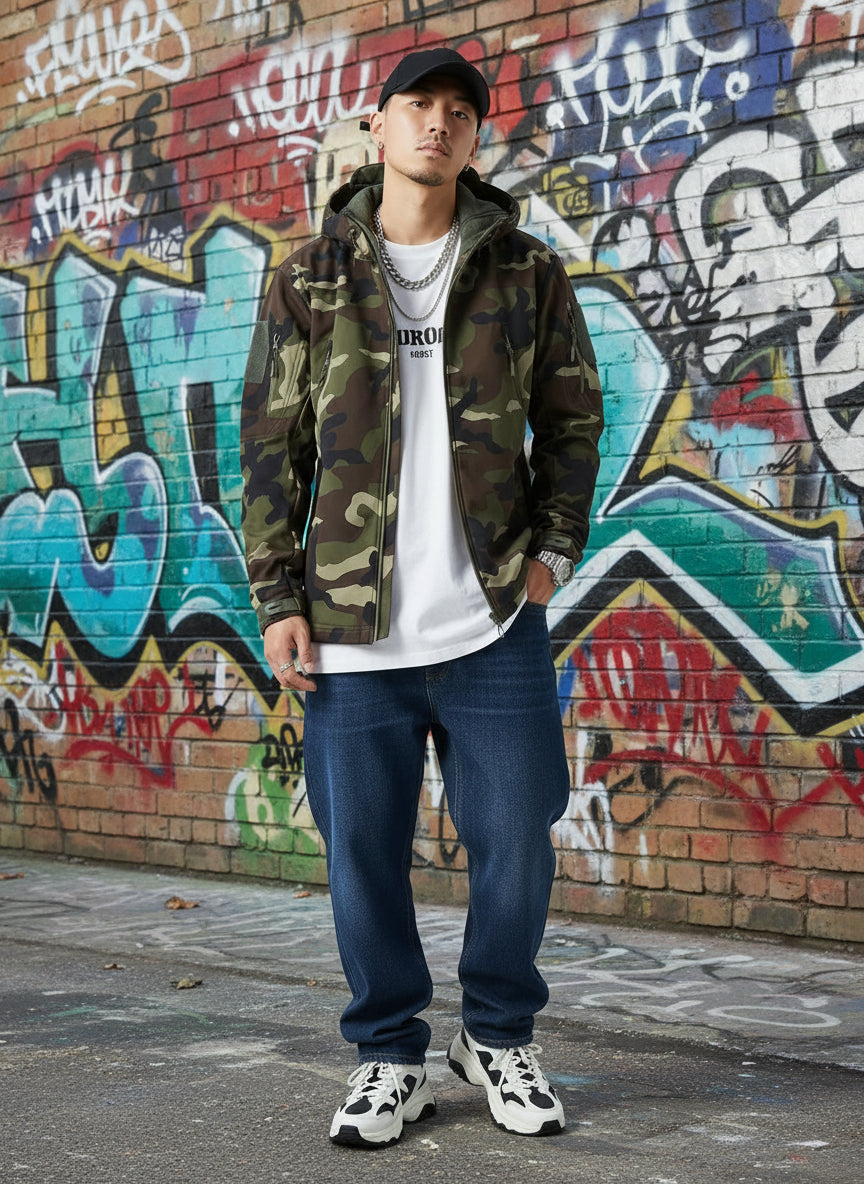 Camouflage jacket on a beige background