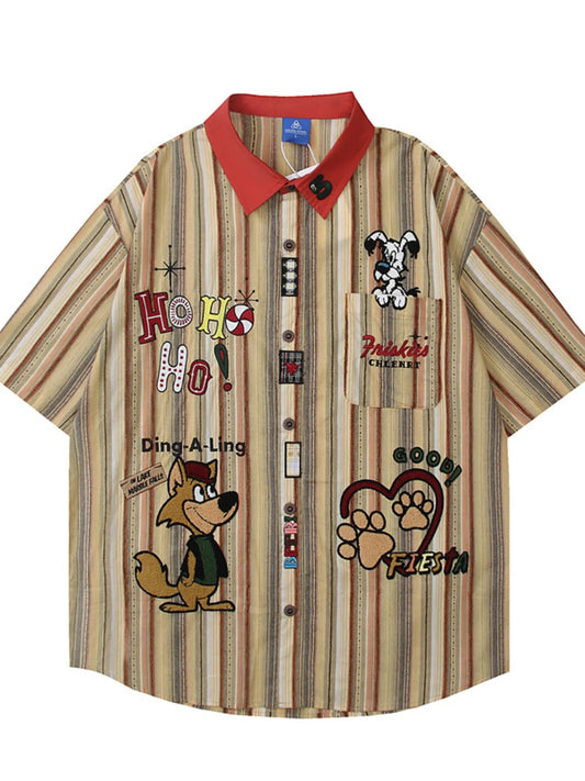 Men's Cartoon Character Striped Shirt with Contrast Collar - My Wear Clothing Co