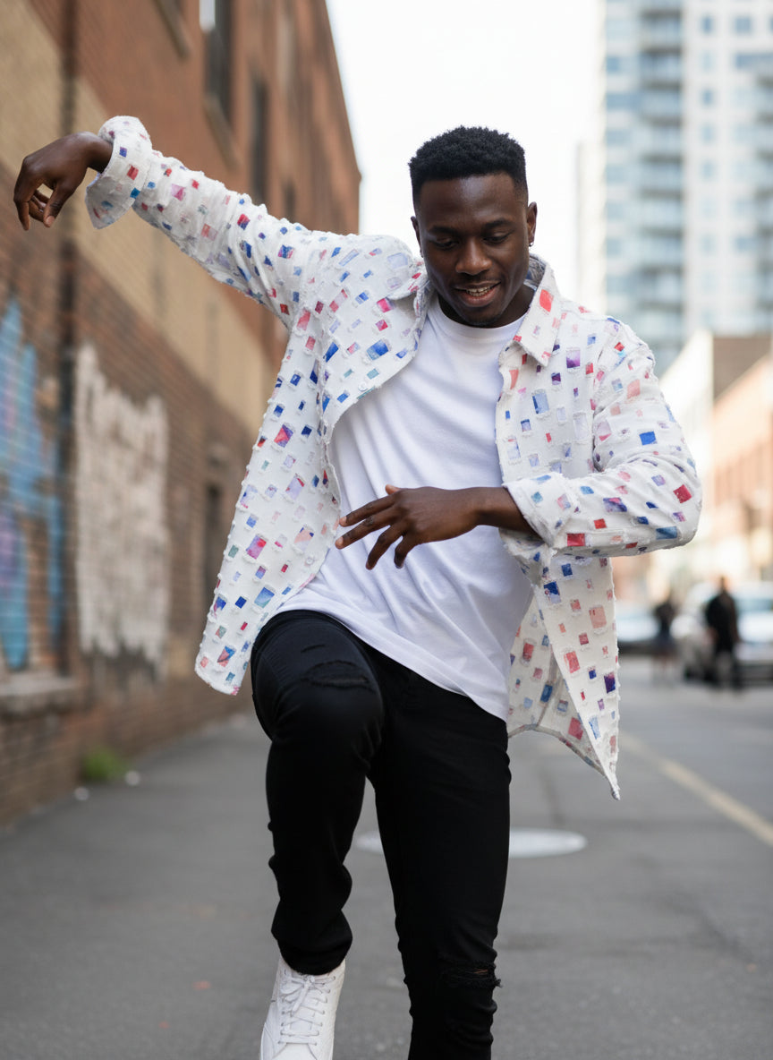 Colorful patterned shirt on a hanger against a gray background