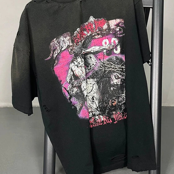 Men's Distressed Detail Round Neck Graphic T-Shirt - My Wear Clothing Co