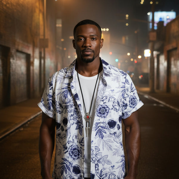 Man wearing a white shirt with blue floral and skull pattern on a white background