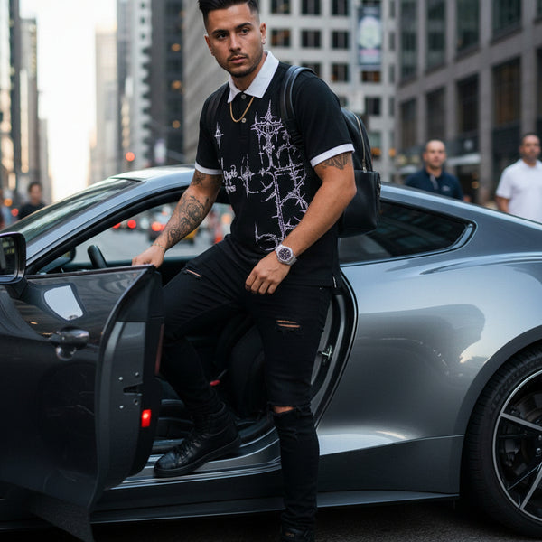 Men’s Gothic Cross Graphic Contrast Collar Polo Streetwear Polo Shirt Free Shipping