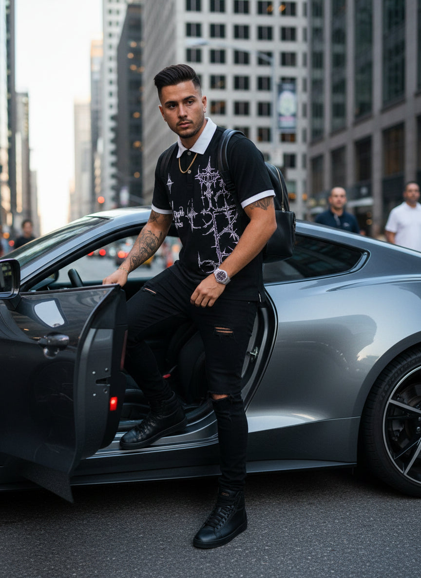 Men’s Gothic Cross Graphic Contrast Collar Polo Streetwear Polo Shirt Free Shipping